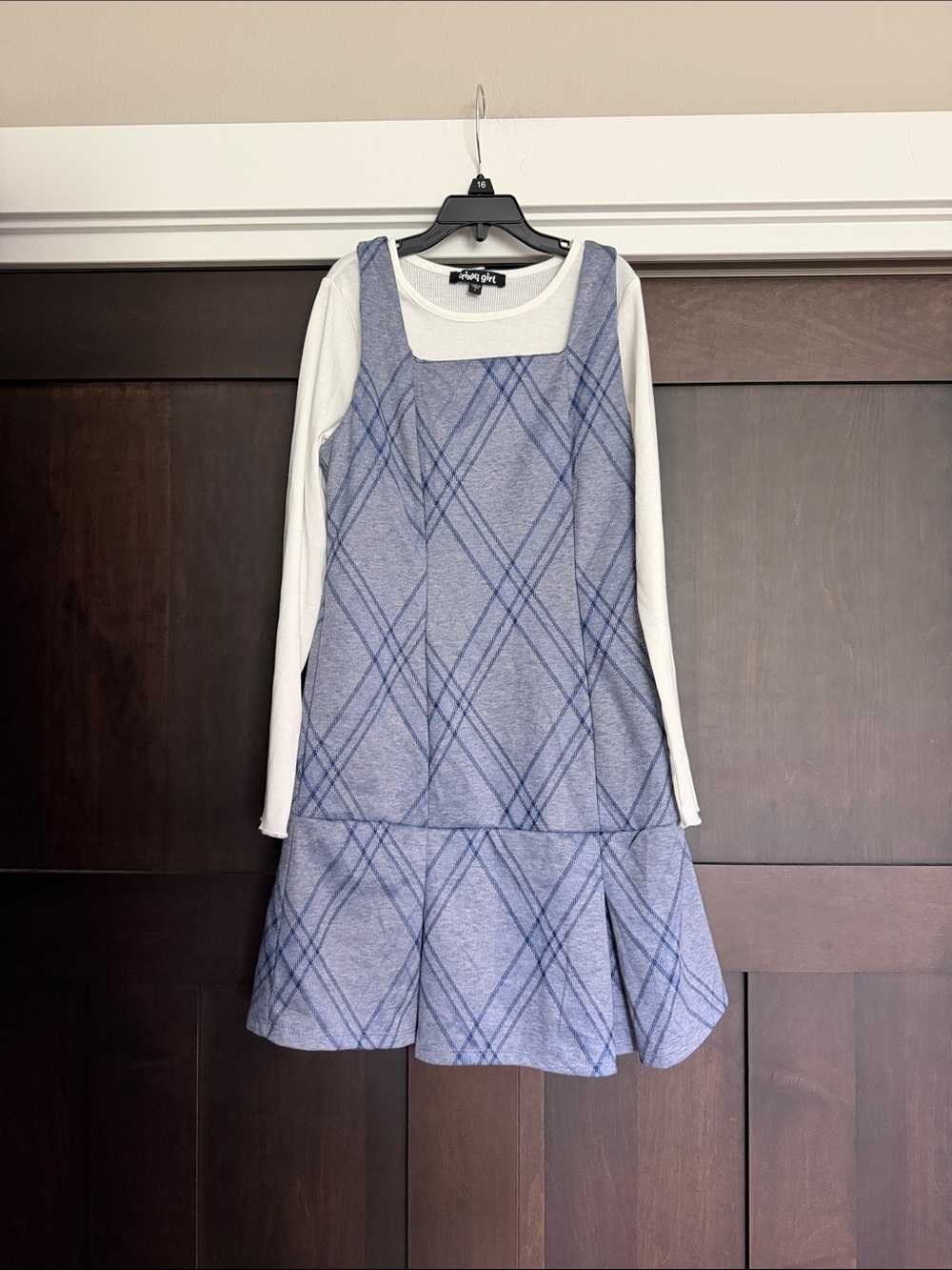 Trixxi Girl Blue Plaid A-Line Dress with White Long sleeve Top size Large